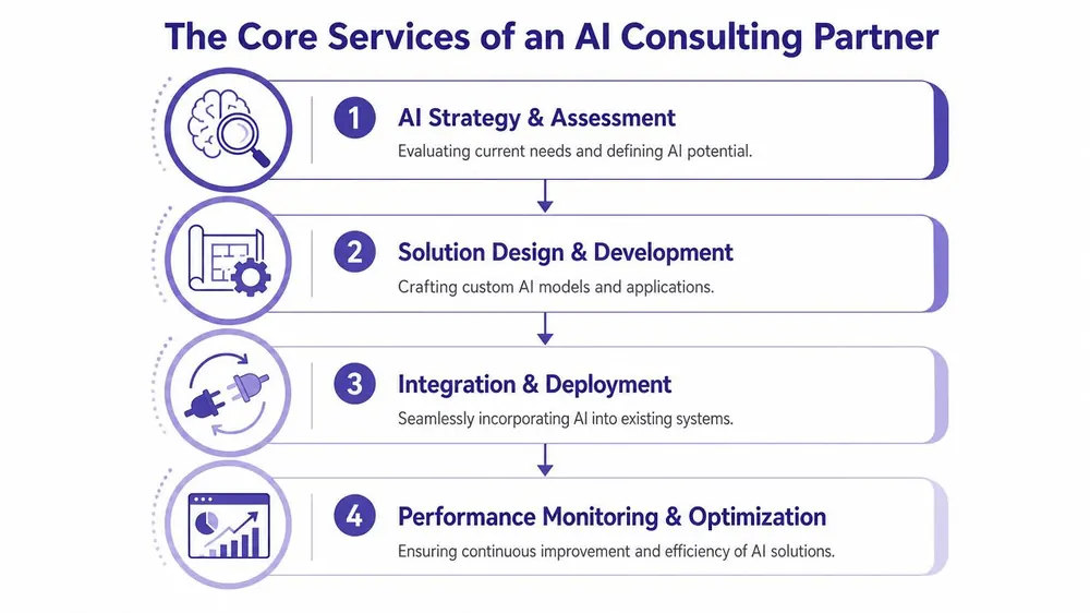 A four-step infographic illustrating the core service offerings provided by an expert AI consulting firm.