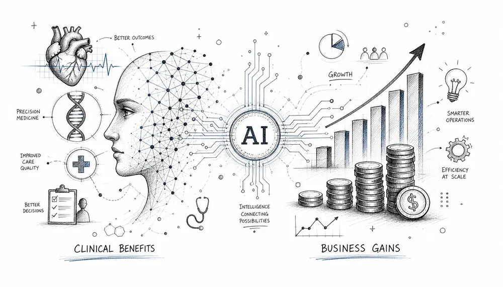 A conceptual illustration showing how artificial intelligence bridges clinical benefits in healthcare with business gains.