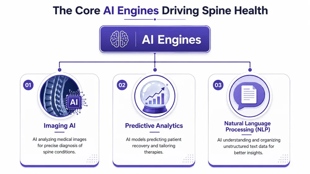A diagram illustrating three core AI engines driving spine health: Imaging AI, Predictive Analytics, and Natural Language Processing.
