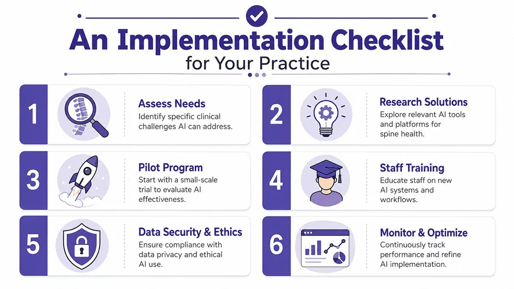 A six-step implementation checklist infographic for integrating artificial intelligence into spine health clinical practices.