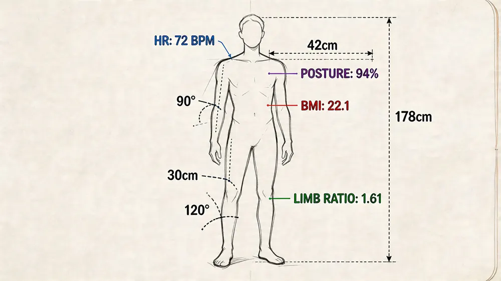 A human body diagram illustration showcasing various physiological metrics like posture, BMI, heart rate, and body measurements.