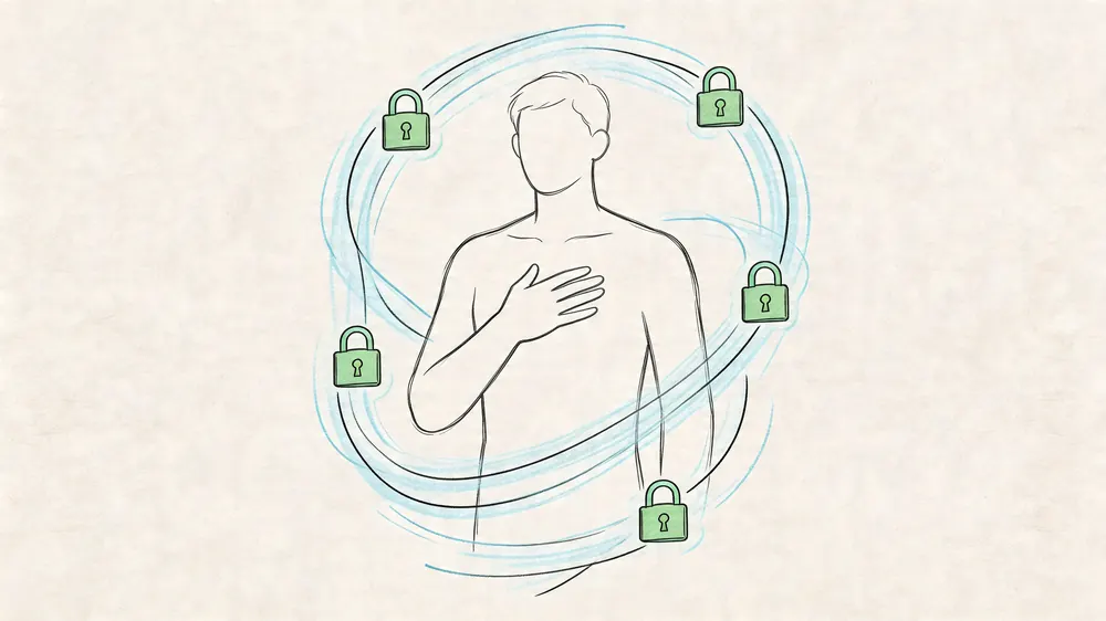 An illustration of a person surrounded by digital security locks symbolizing personal data protection and privacy.