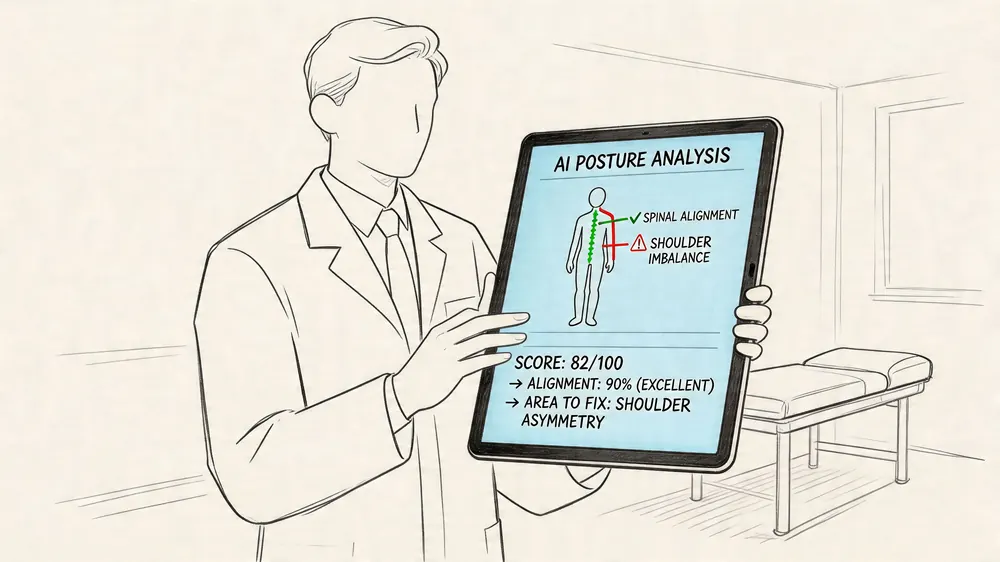 A doctor holds a tablet showing an AI-powered posture analysis report indicating spinal alignment and shoulder asymmetry.