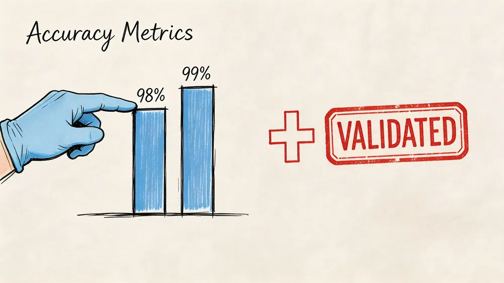A hand in a blue glove pointing to a bar graph showing high accuracy metrics and validation.