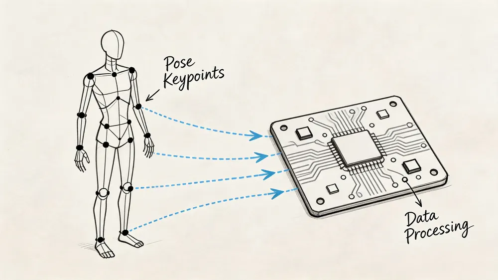 A diagram showing human body pose keypoints being transmitted to a computer chip for data processing.