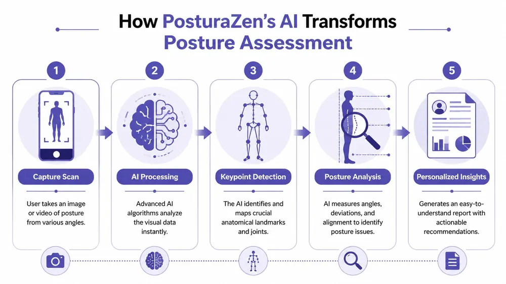 A diagram illustrating the five-step AI-powered process of the PosturaZen posture assessment tool from scan to report.