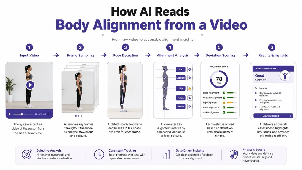 A six-step infographic illustrating how AI technology analyzes body alignment and posture from a video recording.