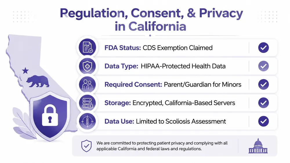 An infographic titled Regulation, Consent, and Privacy in California outlining compliance standards for scoliosis assessment software.