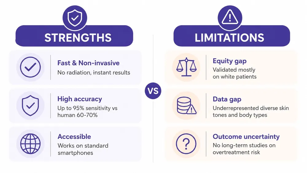 A comparative infographic highlighting the strengths and limitations of AI-powered technology for medical screenings.