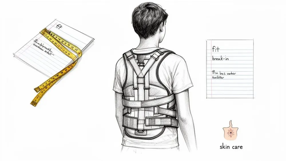 Pencil drawing of a boy wearing a back brace, with notes on fit, break-in, and skin care.