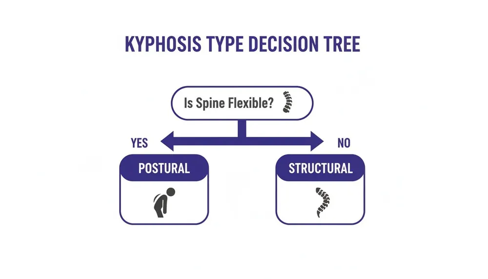 Decision tree for kyphosis types: flexible spine indicates postural, inflexible spine means structural kyphosis.