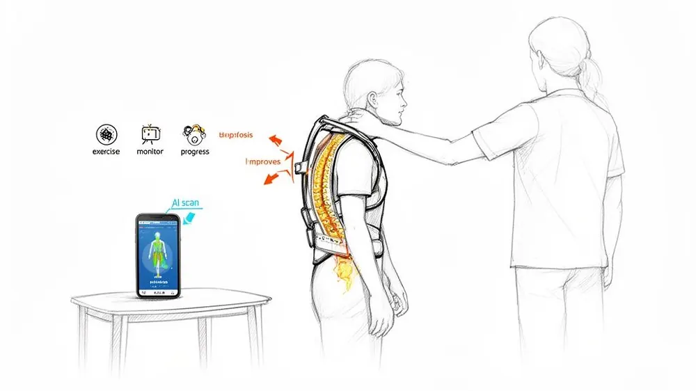 Illustration of a smart back brace for kyphosis, showing AI scan, monitoring, and progress tracking.