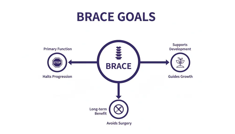 Diagram illustrating the goals of a brace: halting progression, guiding growth, and avoiding surgery.