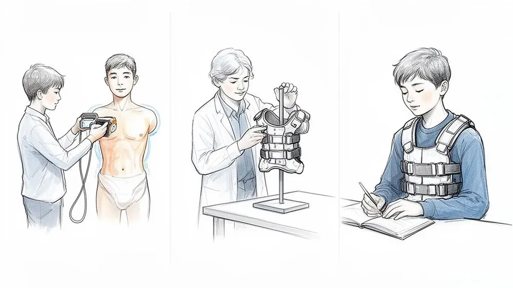 Three-panel illustration of custom back brace creation, fitting, and daily use for scoliosis treatment.