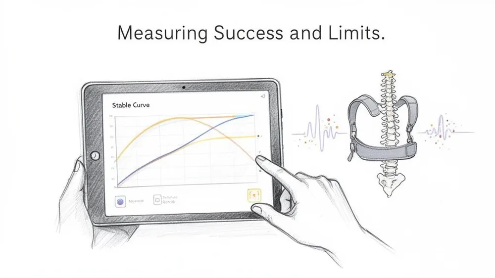 A medical illustration shows a hand interacting with a tablet displaying data curves, next to a spine wearing a back brace and vital sign waveforms.