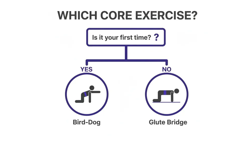 A flowchart for core exercise selection: Bird-Dog for beginners and Glute Bridge for experienced individuals.