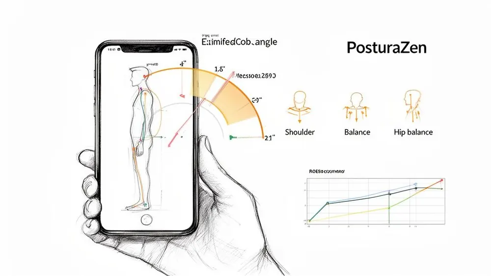 A smartphone app called PosturaZen analyzing human posture with diagrams, angles, and a progress graph.