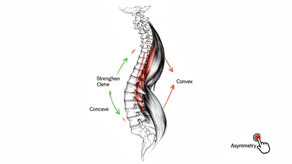 Anatomy diagram illustrating a scoliotic spine with asymmetrical muscle development, indicating concave and convex curves.
