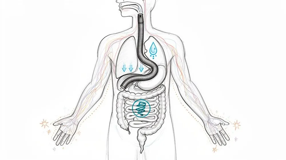An illustration of the human torso, highlighting the digestive system, lungs, and circulatory elements with symbolic processes.