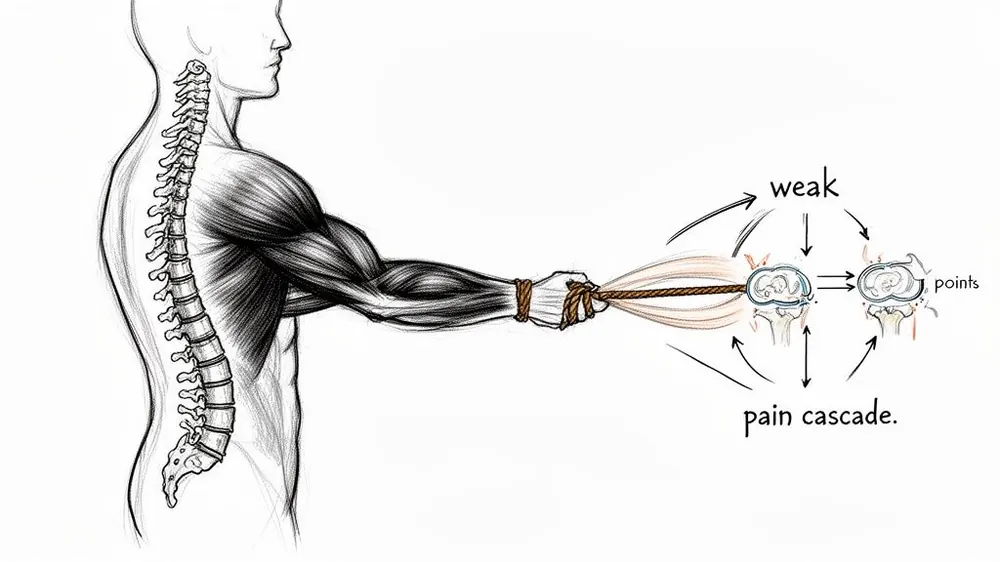 Diagram linking spinal posture and arm strength to joint weakness and a pain cascade.