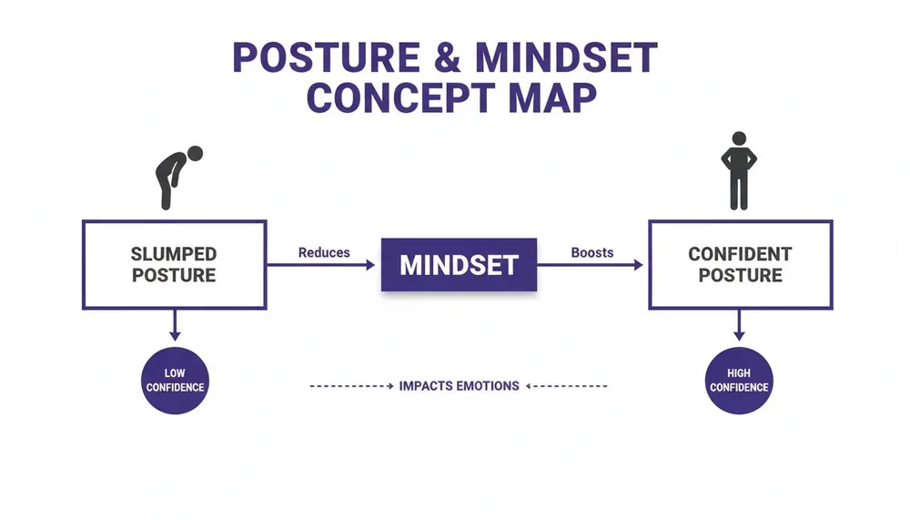 Concept map: Slumped posture reduces mindset and confidence; confident posture boosts mindset and confidence.