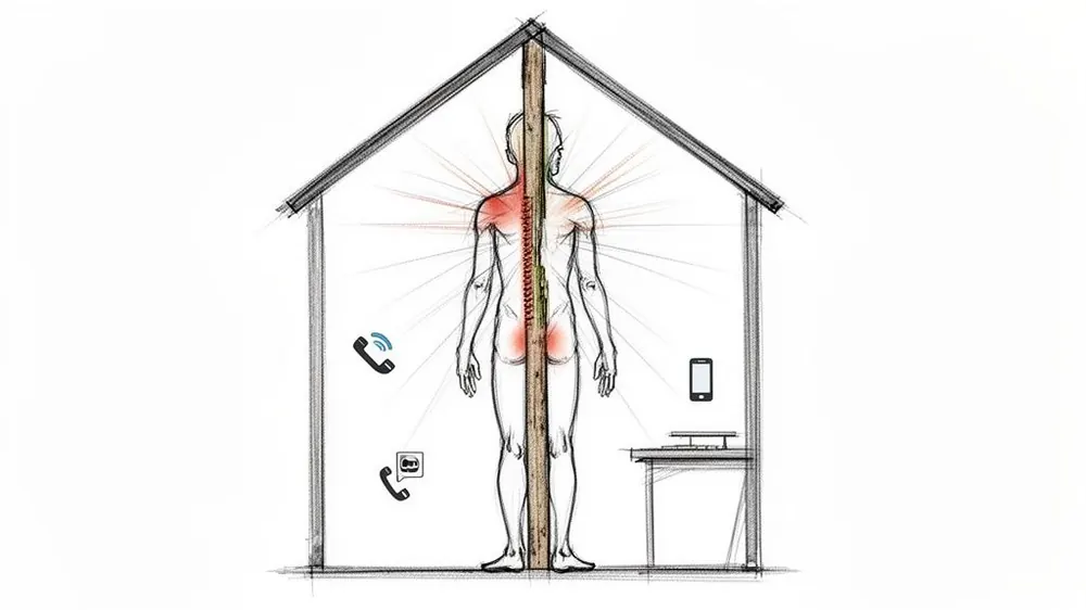 A detailed sketch illustrates a human body, spine highlighted, showing back and neck pain within a house setting.