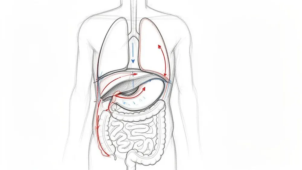 Anatomy diagram showing human torso with lungs, diaphragm, stomach, and intestines, illustrating respiratory mechanics.