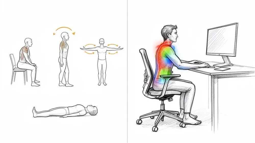Illustrations demonstrating various posture exercises and proper ergonomic seating at a computer desk.