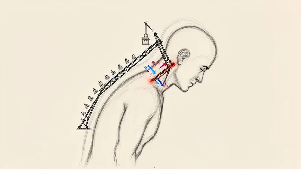 Illustration of a person with bad posture, showing a crane and weights symbolizing neck strain and biomechanical stress.