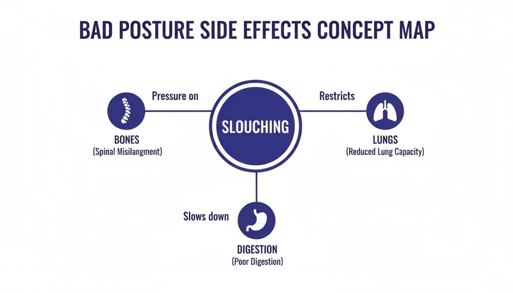 Concept map illustrating slouching's side effects: spinal misalignment, restricted lungs, and poor digestion.