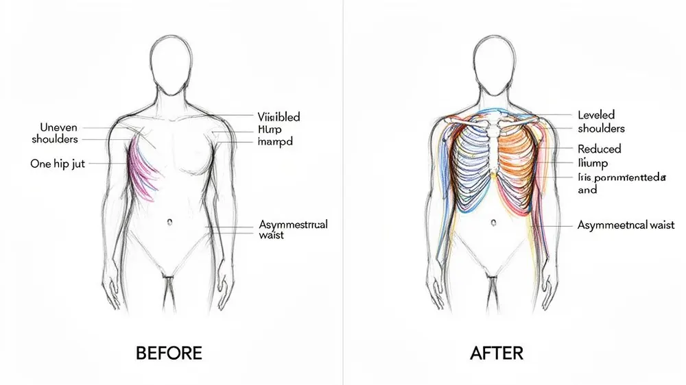 Before and after comparison of a human torso showing scoliosis correction, with improved shoulder and waist alignment.