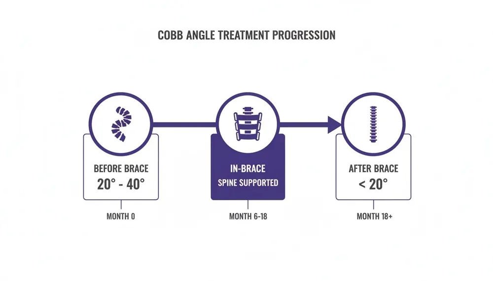 Cobb angle treatment progression: before brace (20-40 degrees), in-brace, and after brace (<20 degrees).