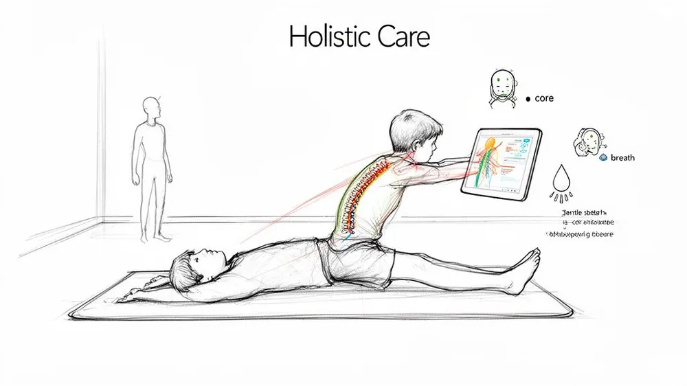 A sketch illustrating holistic care with two individuals exercising, one using a tablet showing spinal anatomy.