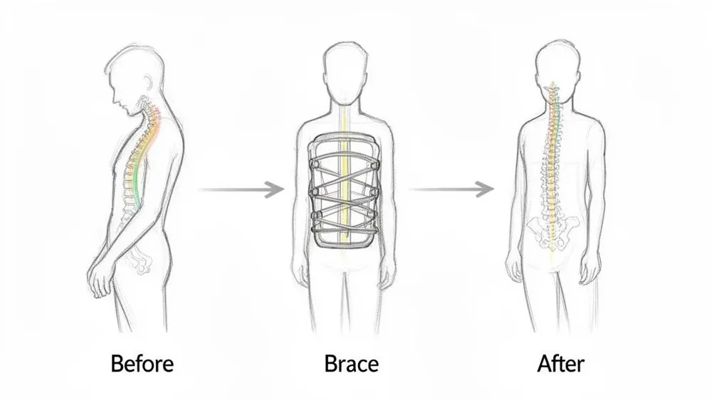 Diagram illustrating a person's spine correction from scoliosis before, during brace use, and after treatment.