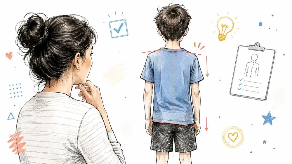 A concerned parent observing their child's posture for signs of scoliosis during a medical screening check.