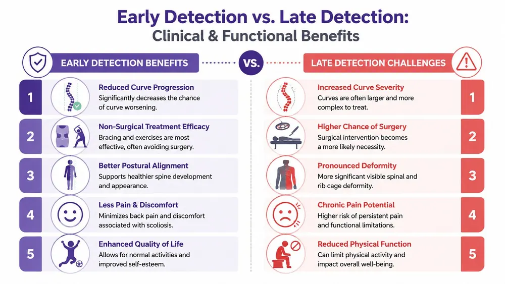 An infographic comparing the clinical and functional benefits of early scoliosis detection against late detection challenges.