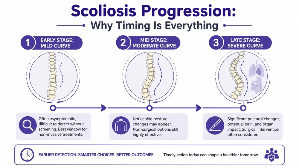 An infographic illustrating the three stages of scoliosis progression from early mild curves to late severe spinal deformity.