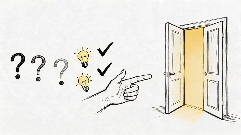 A hand pointing towards an open doorway, accompanied by question marks, light bulbs, and checkmarks illustrations.