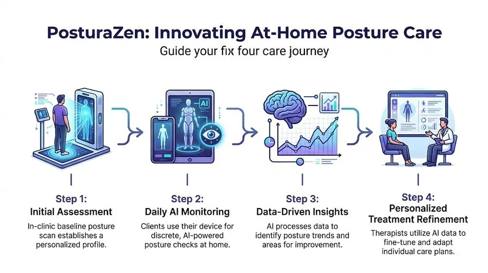 A four-step infographic showing the PosturaZen process from initial clinic assessment to personalized AI-driven posture therapy.