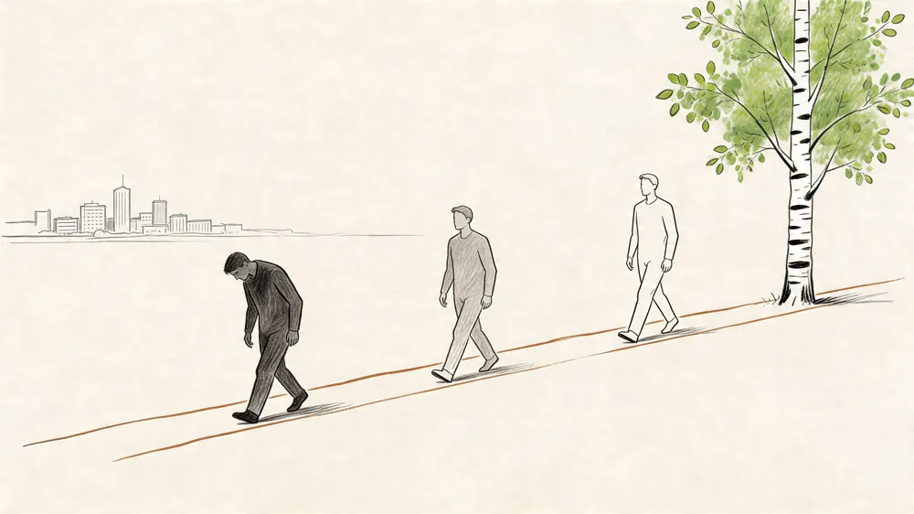 A pencil sketch shows three figures walking towards a tree with a cityscape in the background.
