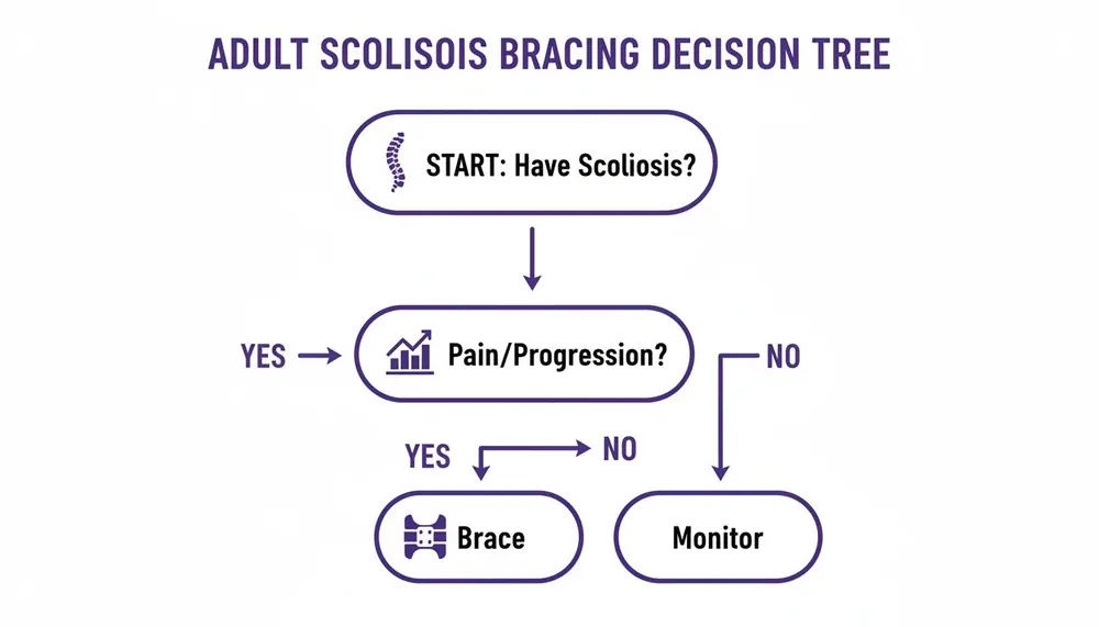 Decision tree for adult scoliosis bracing, guiding treatment based on pain and progression.