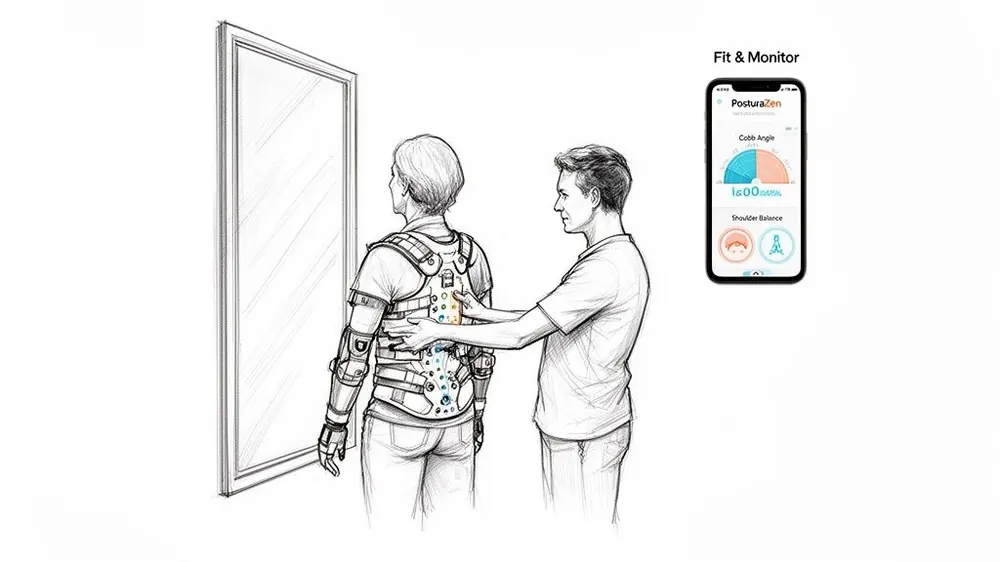 Two men fitting a smart back brace for posture correction, monitored by a mobile app.
