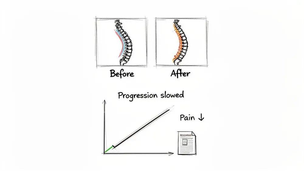 Diagram illustrating spinal curvature correction, slowed progression, and decreased pain, supported by research findings.
