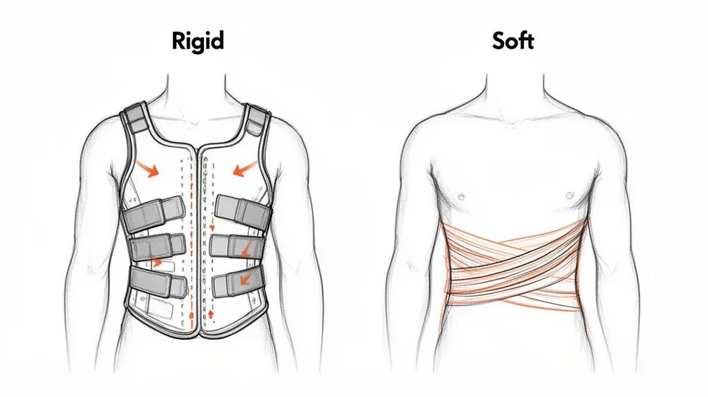 Illustration comparing rigid and soft medical braces for torso support, likely for scoliosis.