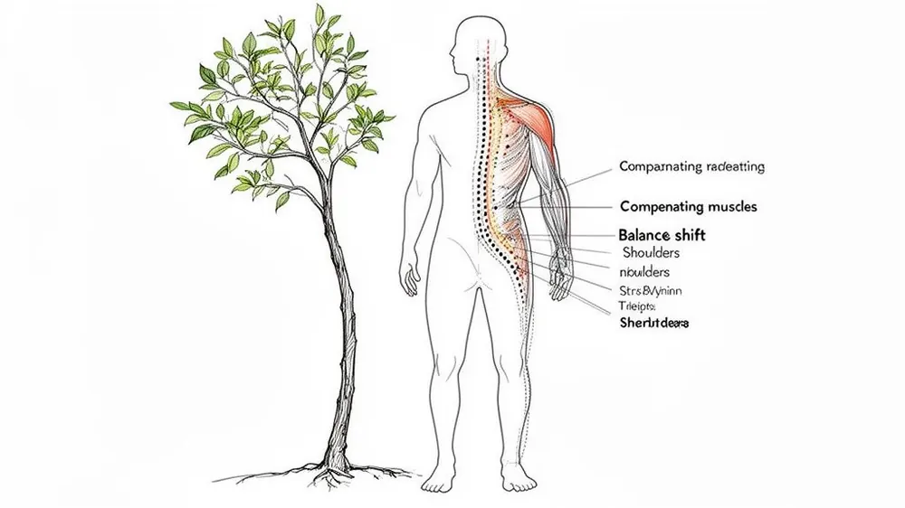 An illustration comparing a human spine with scoliosis and compensating muscles to a curved tree.