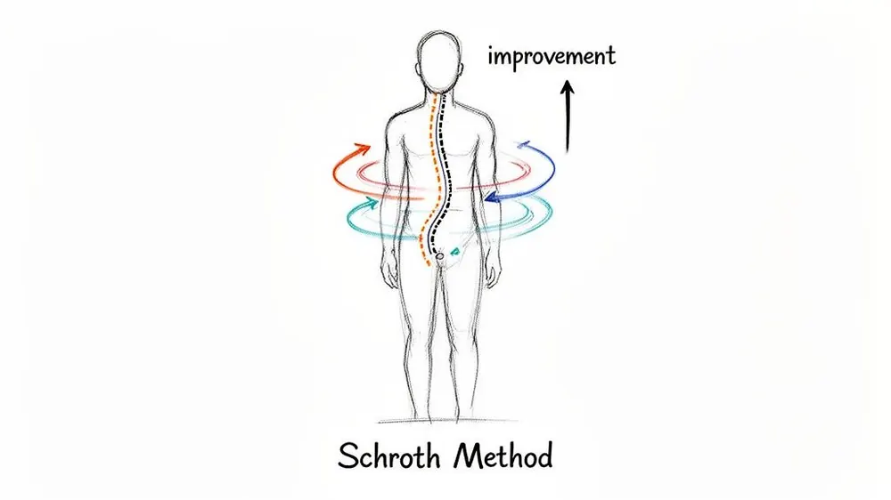 Diagram showing the Schroth Method for scoliosis treatment, illustrating spinal curve correction and improvement.