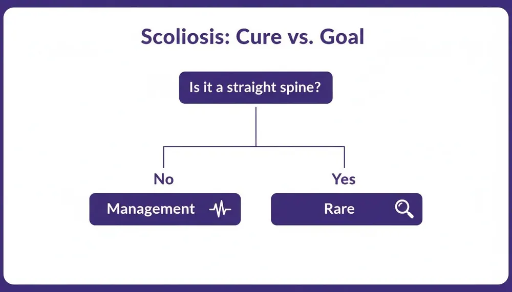 Flowchart comparing scoliosis cure versus goal: straight spine is rare, otherwise requires management.