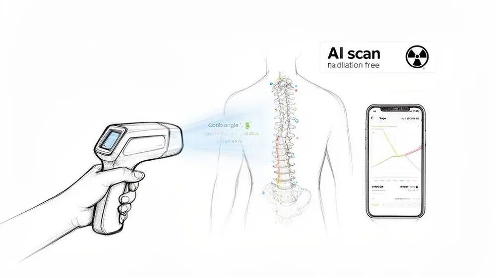 Handheld AI scanner measuring spine curvature and Cobb angle, displaying results on a smartphone app.
