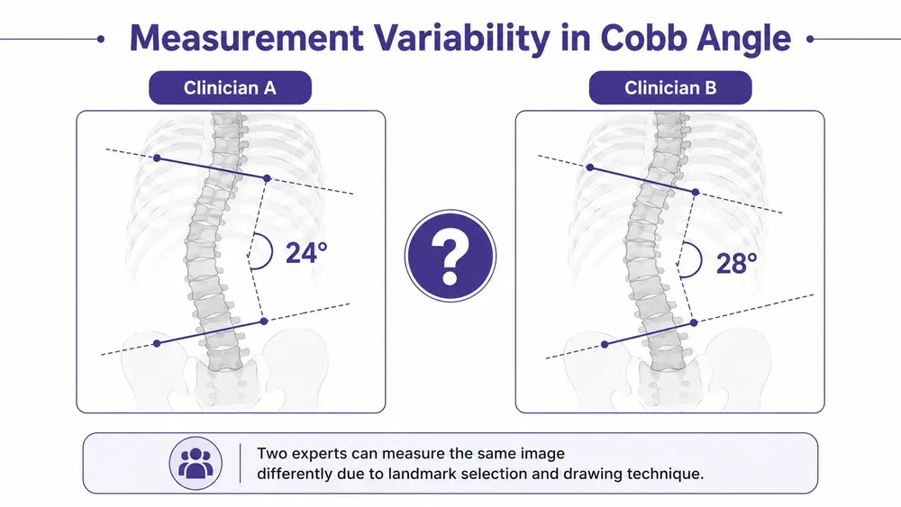 An infographic illustrating measurement variability in Cobb angle between two clinicians evaluating the same scoliosis radiograph.