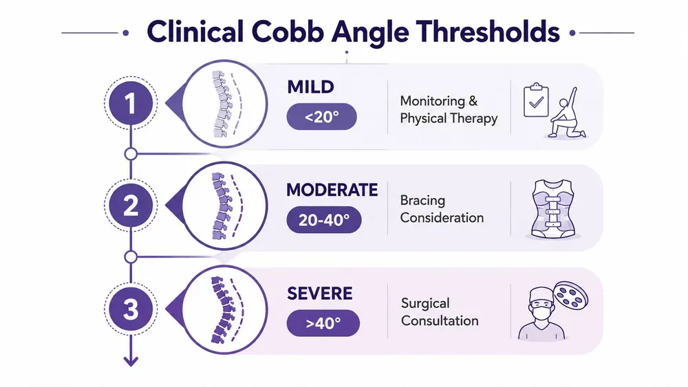 A clinical diagram illustrating Cobb angle thresholds for scoliosis, categorized into mild, moderate, and severe stages.